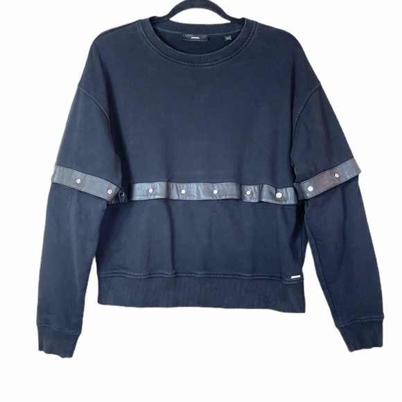 Diesel Convertible Black Sweatshirt with Faux Leather Trim and Silver Snaps - Picture 6 of 12